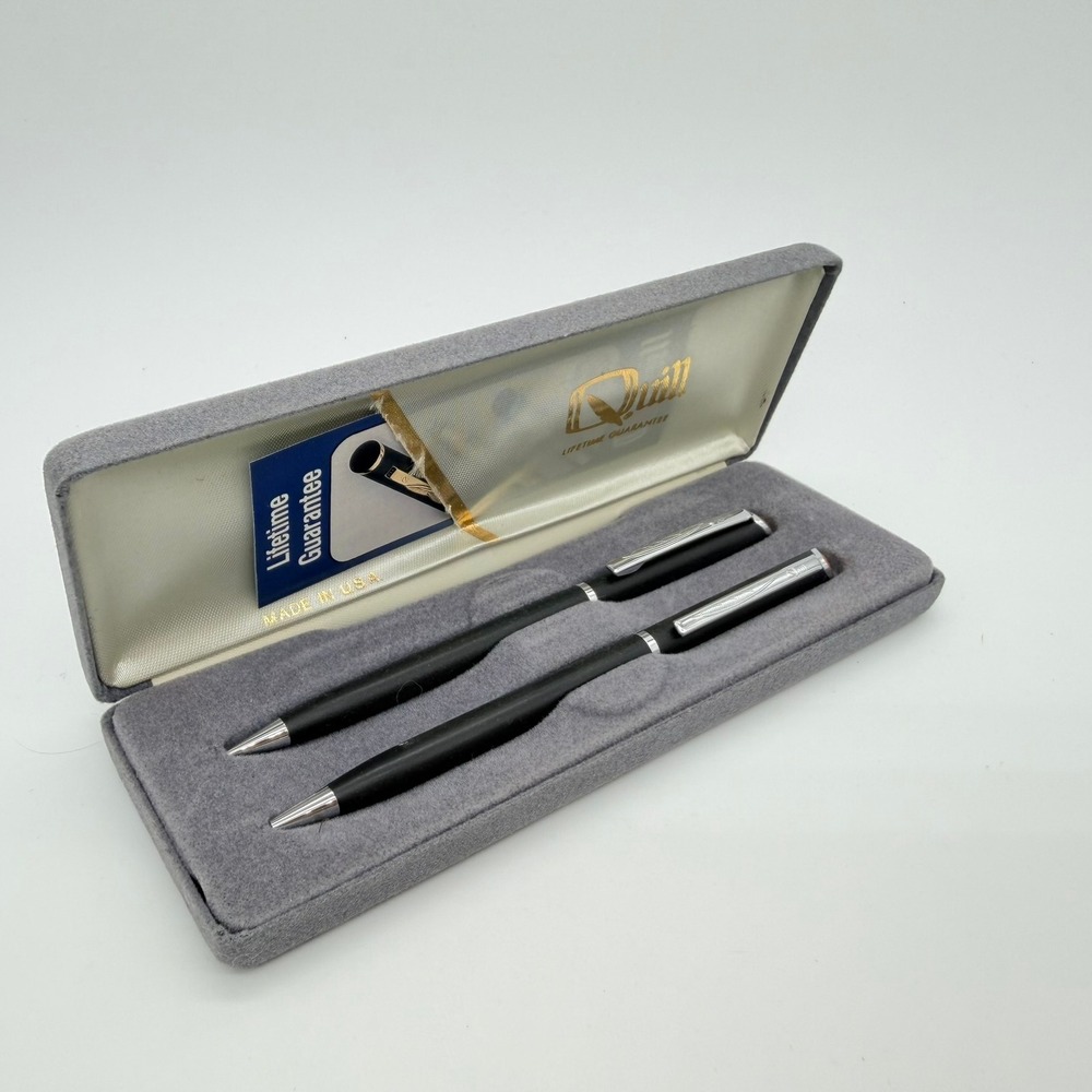 Vintage‎ Quill Pen and Pencil Set Black Matte Silver Trim Made in USA w/ Case